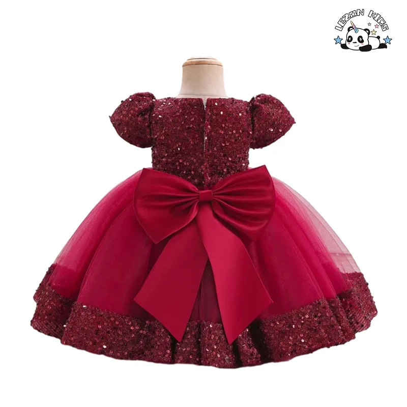 LEZONKIDS - Kids Tulle Dress Puff Short Sleeve Sequins Birthday Party Dress Flower Waistband Ball Gown Wedding Flower Girl Dress
